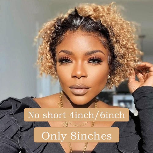 Pixie Curly 1B 27 Honey Blonde 13x4 Lace Front Wigs Human Hair 130% Density 8 Inch - Estelle Wig