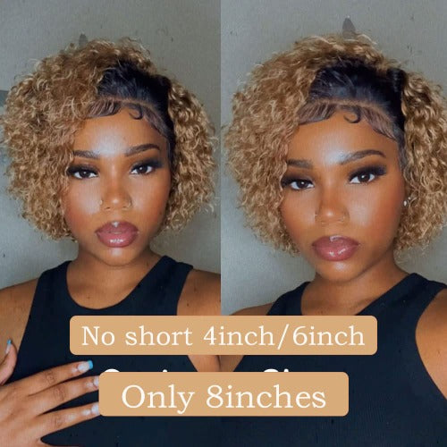 Pixie Curly 1B 27 Honey Blonde 13x4 Lace Front Wigs Human Hair 130% Density 8 Inch - Estelle Wig