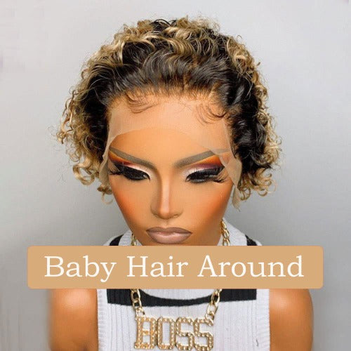 Pixie Curly 1B 27 Honey Blonde 13x4 Lace Front Wigs Human Hair 130% Density 8 Inch - Estelle Wig