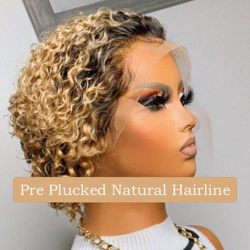 Pixie Curly 1B 27 Honey Blonde 13x4 Lace Front Wigs Human Hair 130% Density 8 Inch - Estelle Wig