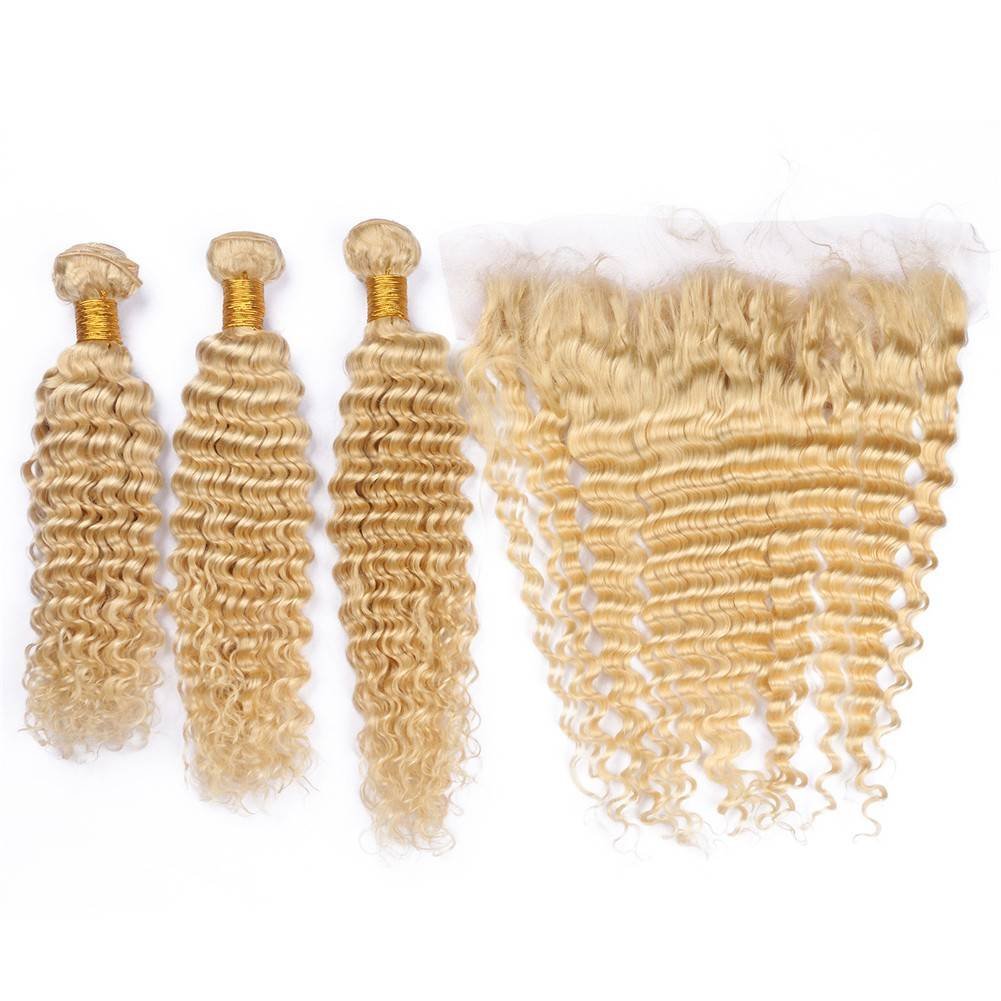 3 Bundles 613 Blonde Deep Curly Human Hair with 13x4 Lace Frontal a Lot - Estelle Wig