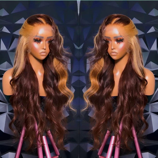 Highlight Transparent HD Lace Front Wigs Human Hair Ombre Color 4/27 Body Wave 13x4 Lace Frontal Wigs