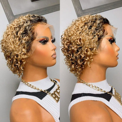 Pixie Curly 1B 27 Honey Blonde 13x4 Lace Front Wigs Human Hair 130% Density 8 Inch - Estelle Wig