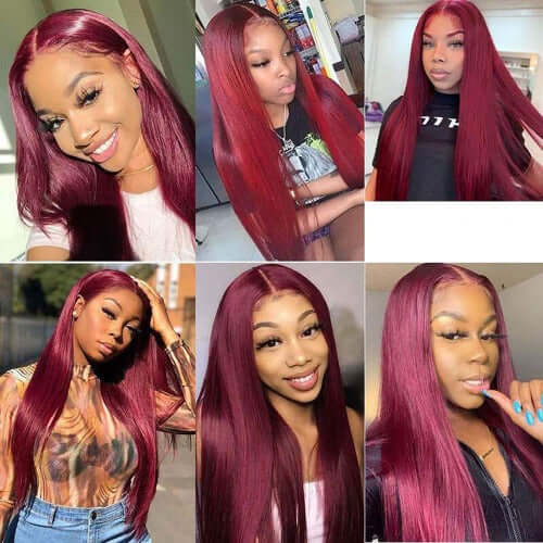 Burgundy 13x6 13x4 T Part Lace Front Wigs Human Hair Straight 150% Density - Estelle Wig